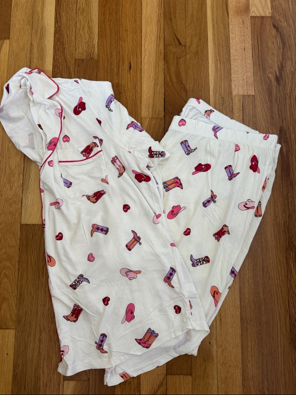 Old Navy White Pajama Set with Pink & Red Heart and Cowboy Boot Print